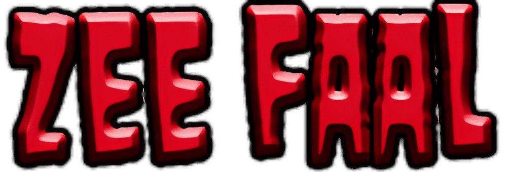 Red 3D text ZEE FAAL on black background